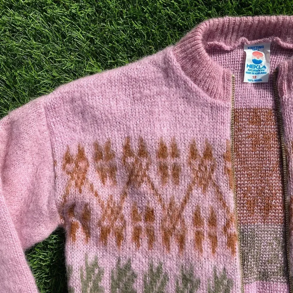 60s Vintage Hekla Knitting Mill Wool Fair Isle Cardigan Sweater XS Women Iceland